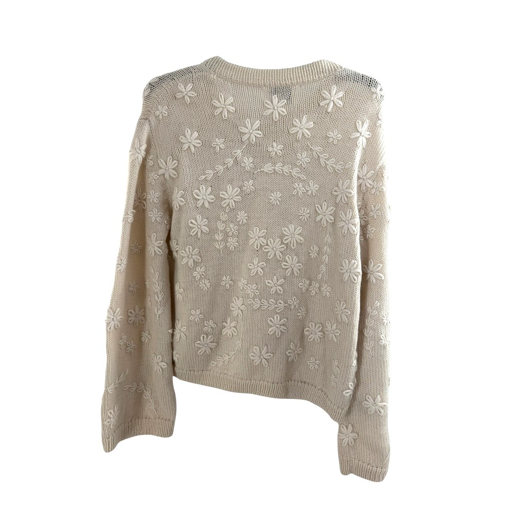 Rebecca Taylor Floral Embroidered Ivory Wool Women's XL Pom Pom Wool Cardigan - Picture 3 of 10